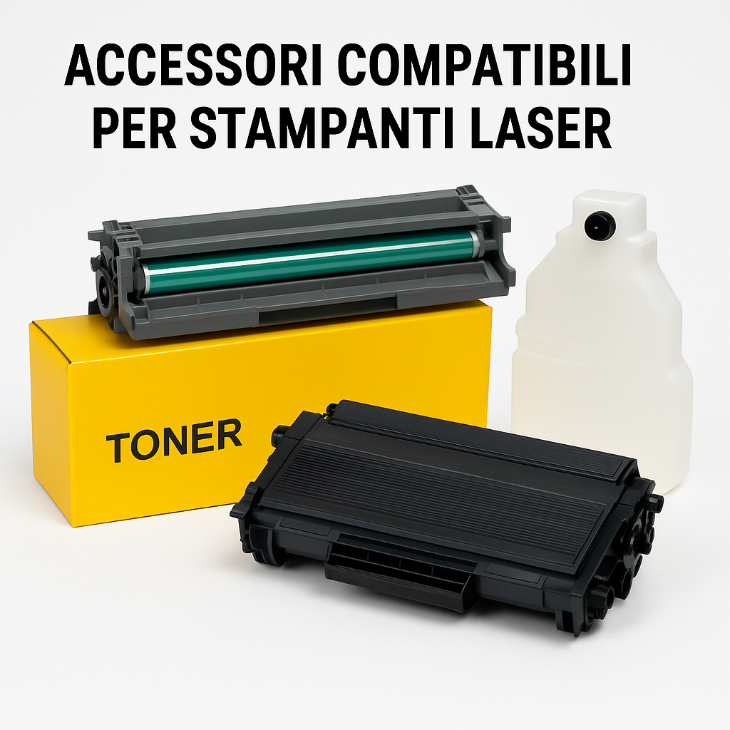 Toner, drum unit, box giallo e contenitore toner di scarto per stampanti laser compatibili