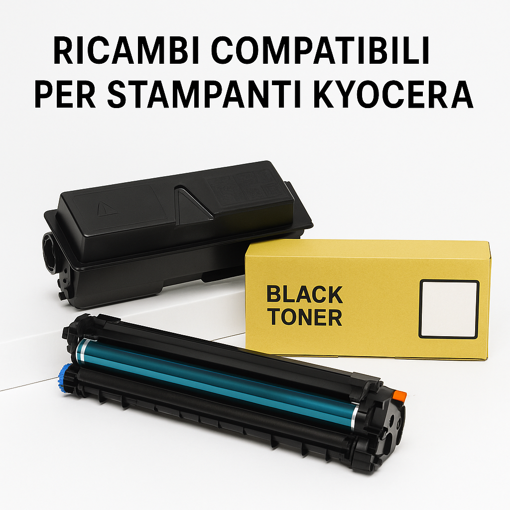 Ricambi compatibili per stampanti Kyocera: tamburo, toner nero e confezione gialla su sfondo bianco
